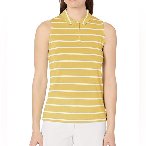 Nike Drifit Golf Polo Tank Top Saffron Quartz Yellow White Stripe Womens Large - Picture 1 of 11
